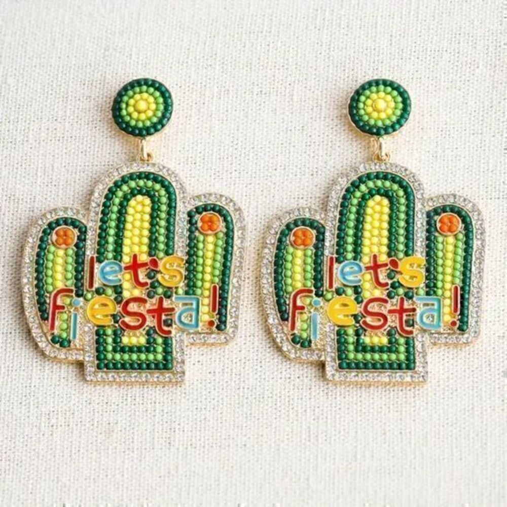 Bohemian Fiesta Mexican Festival Handmade Rice Beads Decor Cactus Earrings